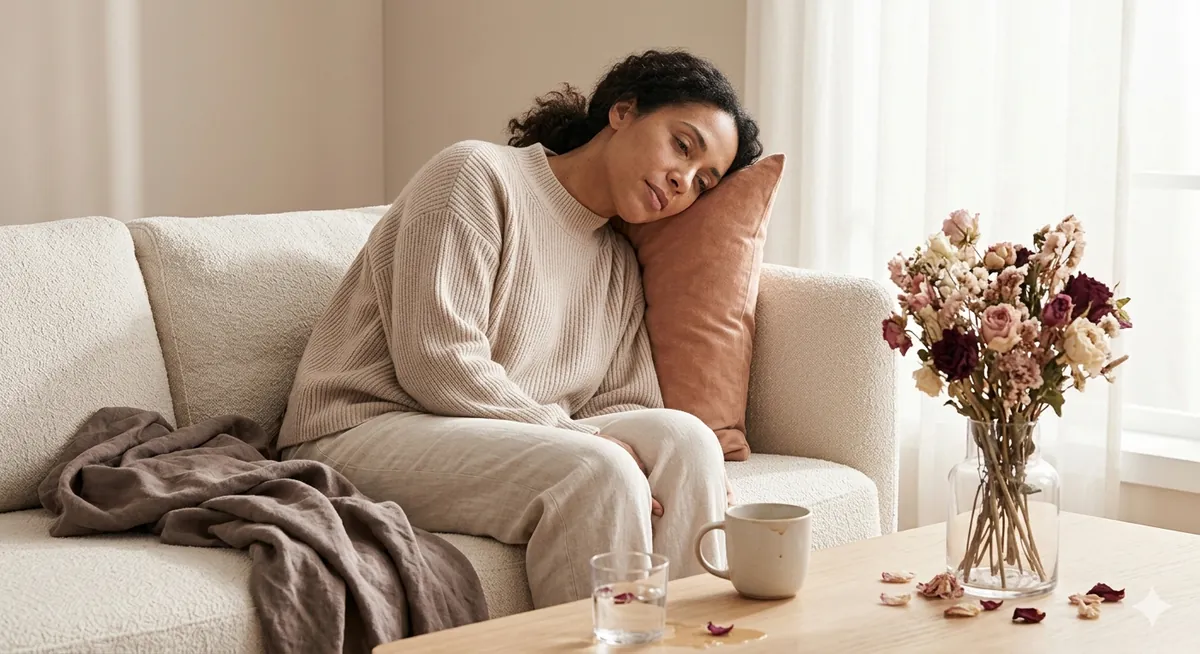 Woman resting on couch feeling fatigued after her period