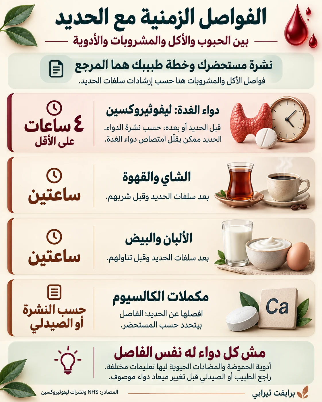 جدول الفواصل الزمنية بين حبوب الحديد والشاي واللبن ودواء الغدة الدرقية