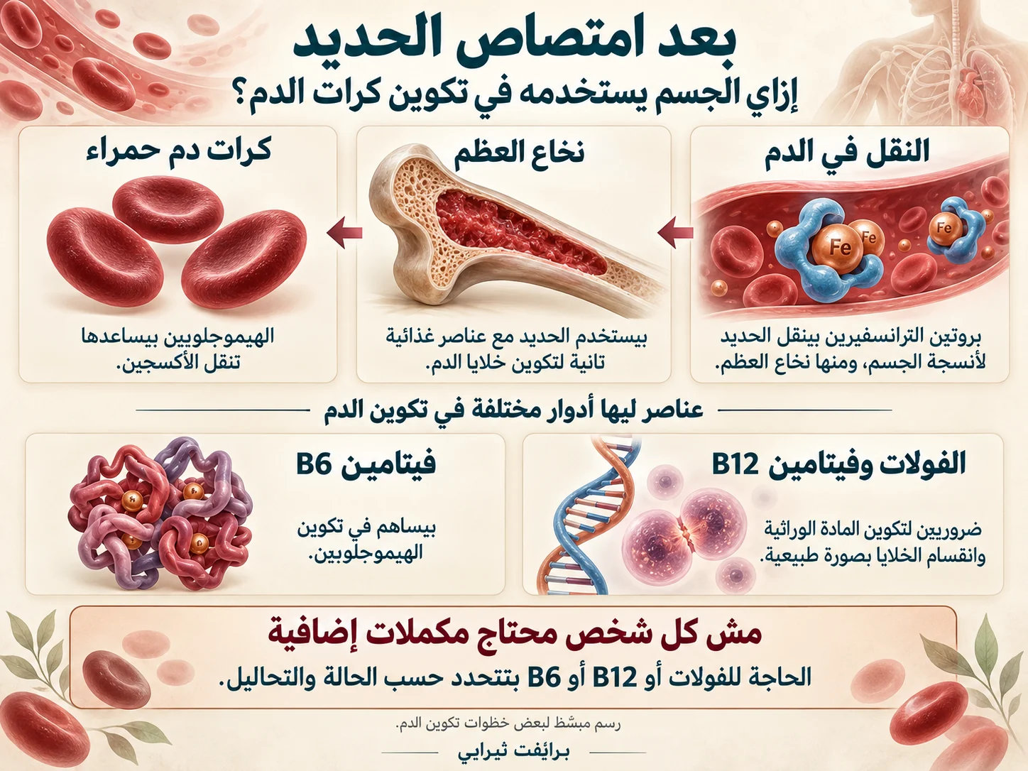 اللي بيحصل بعد امتصاص الحديد — دور الفولات وفيتامين B12 وB6 في تحويله لكرات دم في نخاع العظم