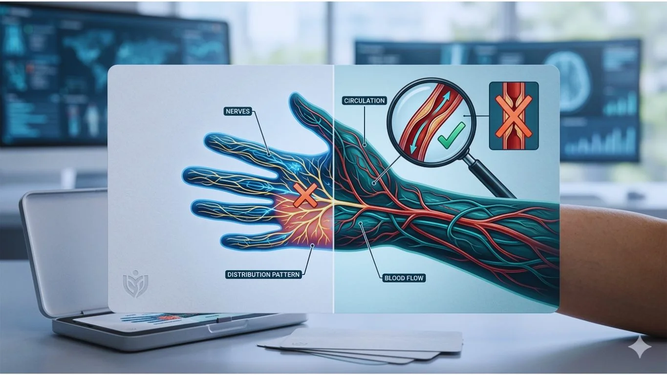 Nerve vs circulation tingling pattern — diagnostic comparison of nerve distribution and blood flow